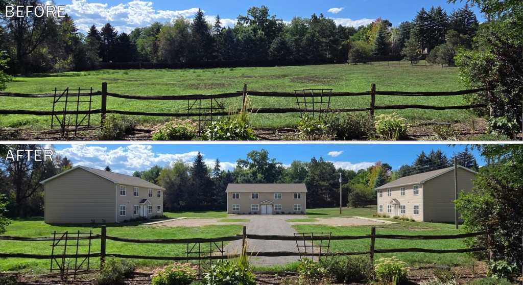 Before and after comparison of an open field developed with multi-family housing